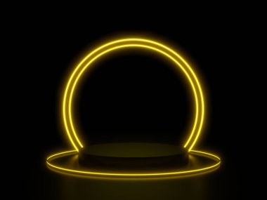 3D siyah podyumu sarı daireli neon ışıklarla donatın..