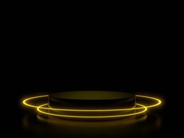 3D siyah podyumu sarı daireli neon ışıklarla donatın..