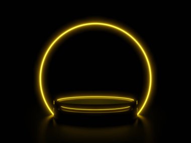 3D siyah podyumu sarı daireli neon ışıklarla donatın..