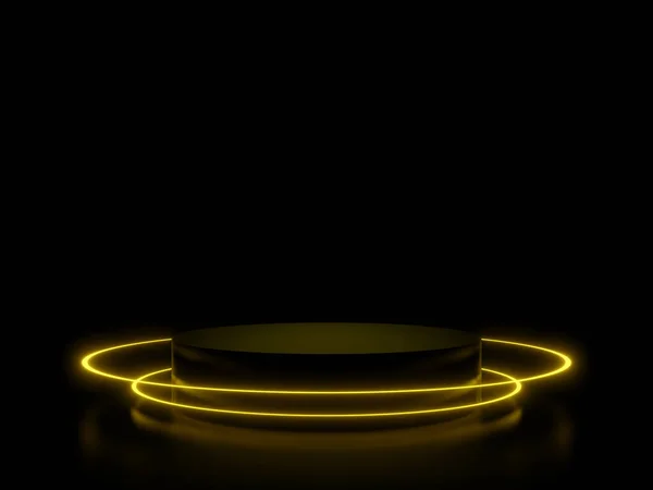 Візуалізація Чорного Подіуму Жовтими Колами Неонових Вогнів — стокове фото
