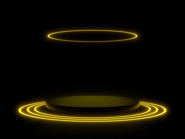 Vykreslení Černé Pódium Žlutými Kruhy Neonových Světel — Stock fotografie
