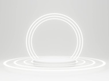3D render White Sci-Fi product display background. Scientific podium with white neon lights.