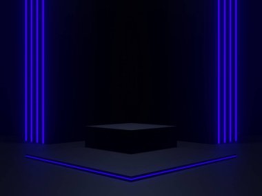 3D siyah geometrik podyum ve mavi neon ışıkları.