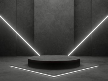 Beyaz neon ışıklı 3 boyutlu çimento podyumu.