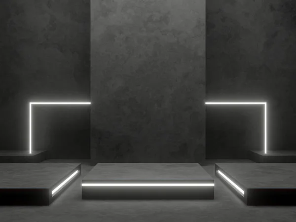 3D render cement podium with white neon light.