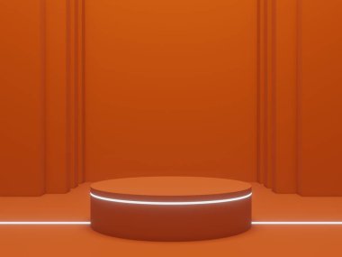 3D orange geometric background with white neon lights.