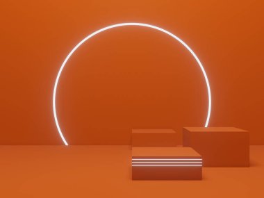 3D orange geometric background with white neon lights.