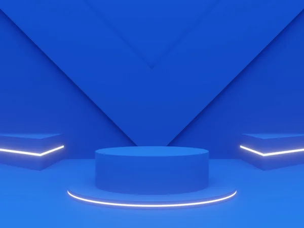 3D rendered blue podium with white neon lights