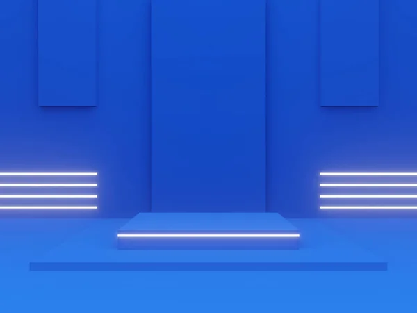 3D rendered blue podium with white neon lights
