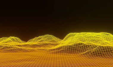 Üç boyutlu soyut ızgara neon topoğrafyası. Gradyan ağ arazisi.