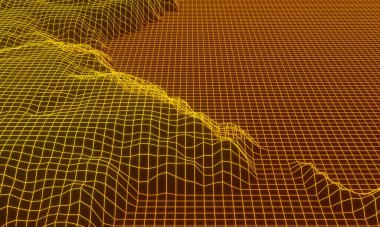 Üç boyutlu soyut ızgara neon topoğrafyası. Gradyan ağ arazisi.