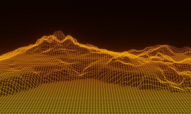 Üç boyutlu soyut ızgara neon topoğrafyası. Gradyan ağ arazisi.