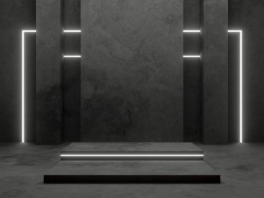 Beyaz neon ışıklı 3D çimento podyumu.