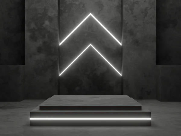 3D render cement podium with white neon lights.