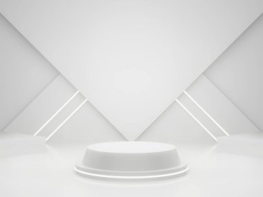 3D render White Sci-Fi product display background. Scientific podium with white neon lights.