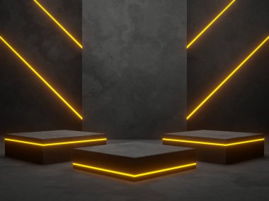3D render cement podium with yellow neon light.
