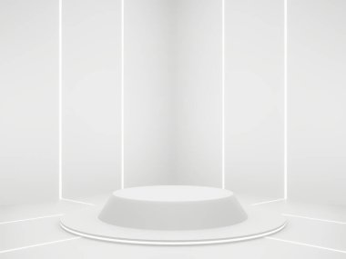 3D render White Sci-Fi product display background. Scientific podium with white neon lights.