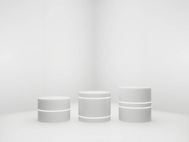 3D render White Sci-Fi product display background. Scientific podium with white neon lights.