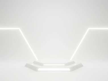 3D render White Sci-Fi product display background. Scientific podium with white neon lights.