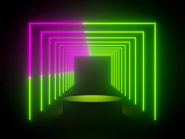 3D渲染带有绿色和粉色霓虹灯的黑色讲台 — 图库照片