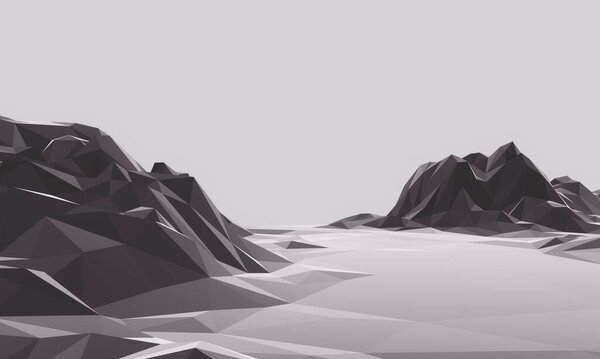 3D render black and white low polygon mountain. Black terrain.