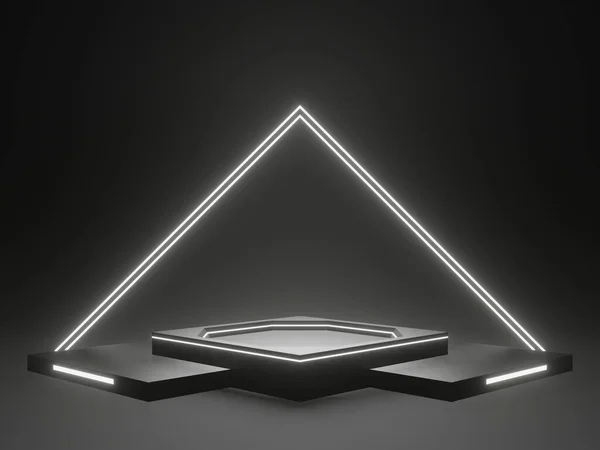 Escenario Científico Negro Renderizado Con Luces Neón Blancas Podio Geométrico — Foto de Stock