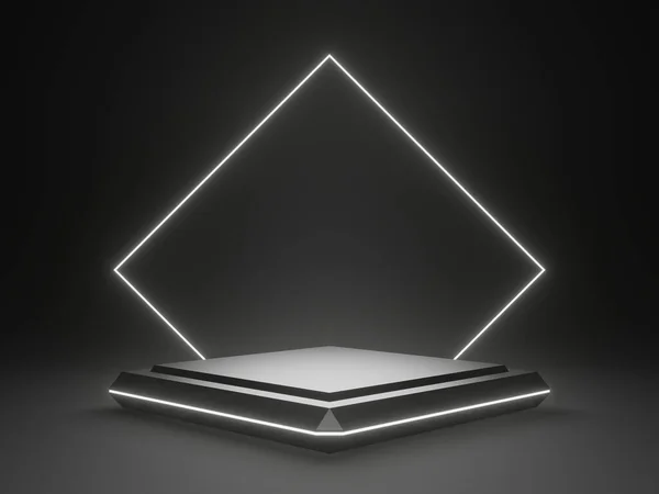 Καθιστούν Μαύρο Επιστημονικό Στάδιο Λευκά Φώτα Νέον Γεωμετρικό Βάθρο Προσομοίωση — Φωτογραφία Αρχείου