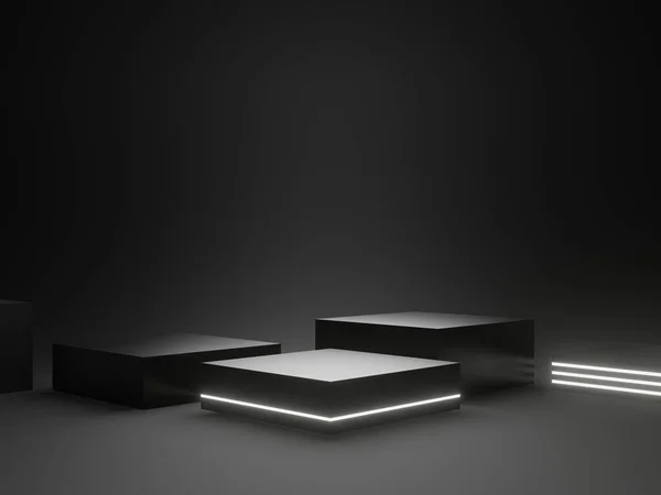 Rendered Black Scientific Stage White Neon Lights Geometric Podium Sci — Stock Photo, Image