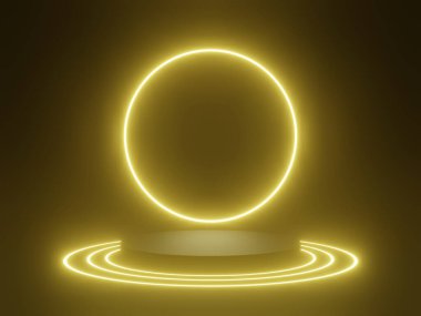 3D siyah bilimsel podyumu altın neon ışıklarıyla donattı. Bilimkurgu modeli.