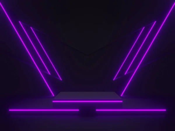 3D用紫色霓虹灯渲染了黑色科学舞台 几何讲台 Sci Fi模拟 — 图库照片