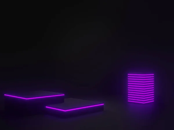 3Dは紫のネオンで黒の科学的なステージをレンダリングしました 幾何学的表彰台 Sfモックアップ — ストック写真
