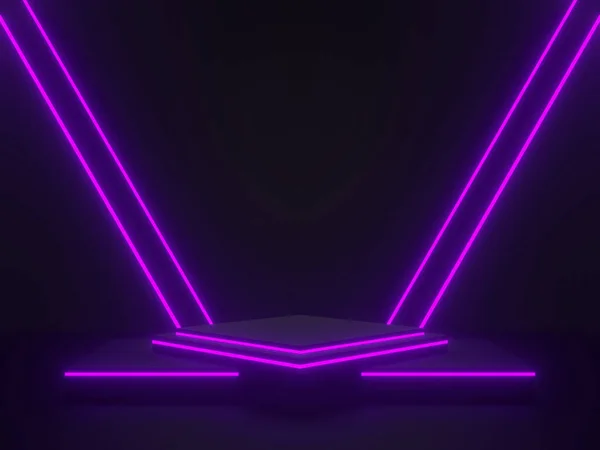 Escenario Científico Negro Renderizado Con Luces Neón Púrpura Podio Geométrico —  Fotos de Stock