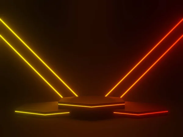 Gemaakt Zwart Wetenschappelijk Podium Met Gradiënt Neon Lichten Geometrische Podium — Stockfoto