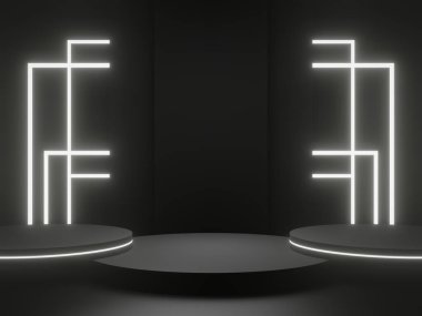 Üç boyutlu siyah geometrik podyum ve beyaz neon ışıkları. Ürün modeli..