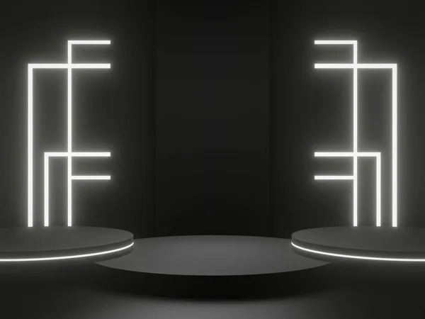 Rendered Black Geometric Podium White Neon Lights Product Mockup — Stock Photo, Image
