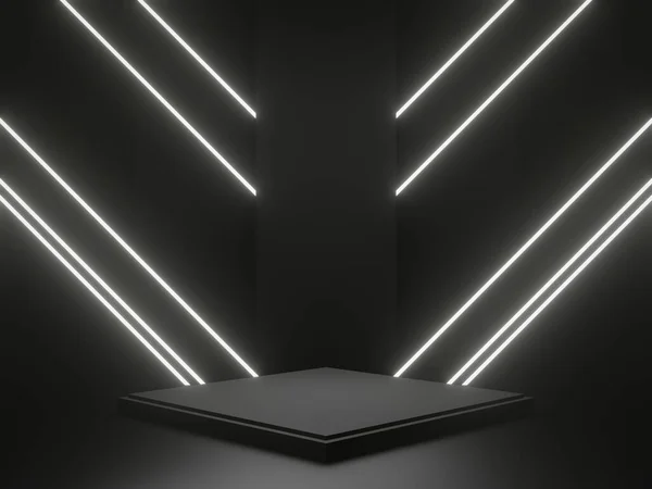 Rendered Black Geometric Podium White Neon Lights Product Mockup — Stock Photo, Image