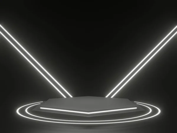 Rendered Black Geometric Podium White Neon Lights Product Mockup — Photo