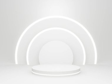 3D render White Sci-Fi product display background. Scientific podium with white neon lights.