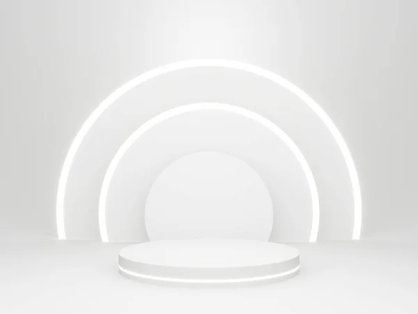 3D render White Sci-Fi product display background. Scientific podium with white neon lights.