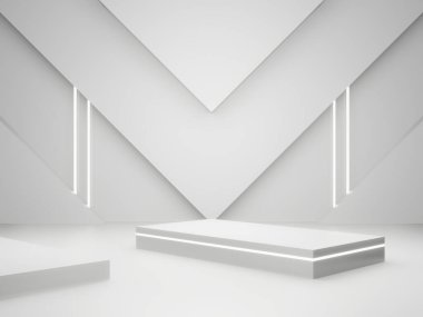 3D render White Sci-Fi product display background. Scientific podium with white neon lights.