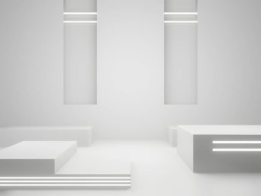 3D render White Sci-Fi product display background. Scientific podium with white neon lights.