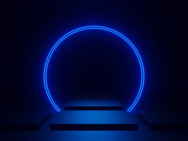 3D siyah podyumu mavi neon ışıklarla donatın.
