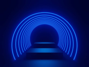 3D siyah podyumu mavi neon ışıklarla donatın.