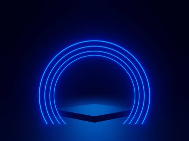 3D siyah podyumu mavi neon ışıklarla donatın.