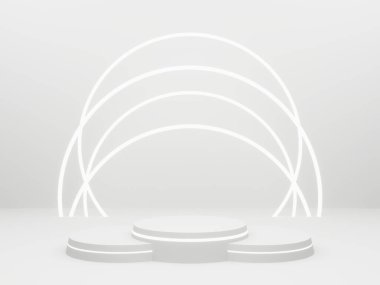 3 boyutlu, beyaz geometrik podyum. Beyaz neon.