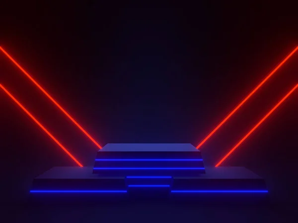 Rendered Black Scientific Stage Red Blue Neon Lights Geometric Podium — Stock Photo, Image