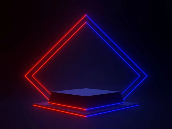 3Dは赤と青のネオンで黒の科学的なステージをレンダリングしました 幾何学的表彰台 Sfモックアップ — ストック写真