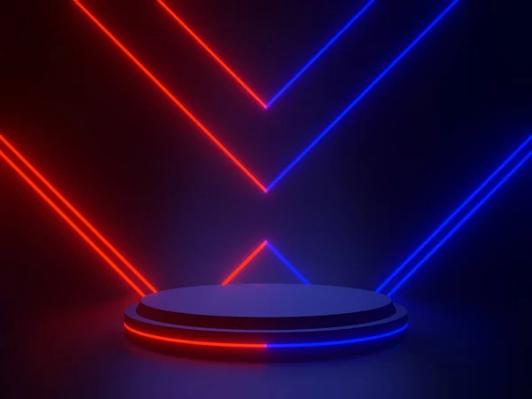 Gemaakt Zwart Wetenschappelijk Podium Met Rood Blauw Neon Lichten Geometrische — Stockfoto
