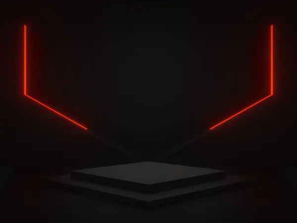 Siyah Bilim Sahnesini Kırmızı Neon Işıklarla Donattı Geometrik Podyum Bilimkurgu — Stok fotoğraf