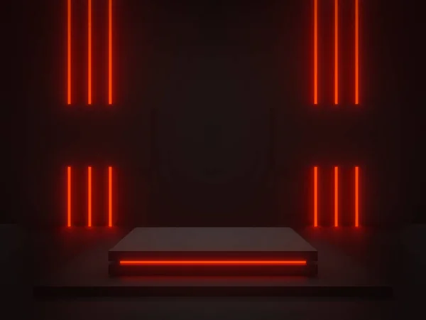 Vykreslené Černé Vědecké Jeviště Červenými Neonovými Světly Geometrické Pódium Stánek — Stock fotografie